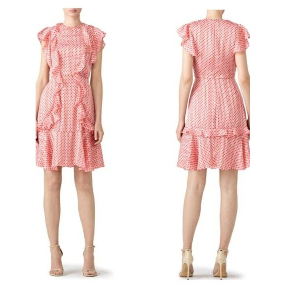 Monique Lhullier Chiffon Mini Dress Pink w/ Red Polka Dots Retro Dainty Ruffles - Picture 1 of 11